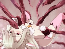 ascot ass bangs blonde_hair blush boots breasts cape elbow_gloves fate/kaleid_liner_prisma_illya fate_(series) feather_hair_ornament feathers female gloves hair_ornament illyasviel_von_einzbern layered_gloves long_hair open_mouth pink_footwear pink_gloves prisma_illya red_eyes restrained sidelocks small_breasts solo suspension tentacle thigh_boots thighhighs tohoho_(hoshinoyami) torn_clothes two_side_up white_cape white_gloves yellow_neckwear