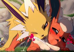 ambiguous_gender anal anal_sex black_sclera blush bodily_fluids caught cum cumshot detailed_background doggy_style duo_focus eeveelution ejaculation feral feral_on_feral feral_penetrating flareon from_behind_position fur genital_fluids genitals grass group heart hi_res jolteon katahane3 male male/male male_penetrated male_penetrating male_penetrating_male nintendo one_eye_closed open_mouth orange_body orange_fur outside penetration penis plant pokémon_(species) pokemon sex sweat tapering_penis teeth vaporeon video_games white_eyes yellow_body yellow_fur