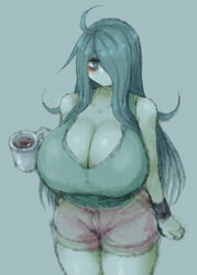 2b213 bags_under_eyes big_breasts cleavage clothed female hair_over_one_eye holding_mug huge_breasts human mei_(2b213) shorts sleepwear solo