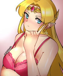 1340smile 1girls alternate_costume blonde_hair blue_eyes bra ear_ornament earrings head_jewelry jewelry lingerie long_hair looking_at_viewer medium_breasts nintendo pink_lingerie princess_zelda super_smash_bros. super_smash_bros._ultimate the_legend_of_zelda the_legend_of_zelda:_a_link_between_worlds thinking zelda_(a_link_between_worlds)