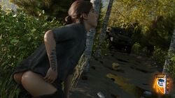 1girls 3d ass blender brown_hair casual casual_exposure casual_peeing cg closed_eyes ellie_(the_last_of_us) ellie_williams female female_only feverlence naughty_dog open_mouth pants_down peegasm peeing peeing_outside relief solo teenager the_last_of_us the_last_of_us_2 urine