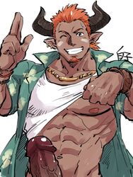 1boy 41raco abs bara bare_pectorals boner bottomless clothes_lift dark-skinned_male dark_skin draph erection facial_hair goatee granblue_fantasy hawaiian_shirt highres horns jewelry kirupi lantana_(granblue_fantasy) large_pectorals large_penis lifted_by_self male_focus male_only mature_male muscular muscular_male navel necklace nipples orange_hair pectorals penis pointy_ears shirt shirt_lift short_hair sideburns smile solo stomach underpec upper_body