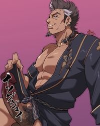 1boy 41raco abs bara bare_pectorals bottomless braid dark-skinned_male dark_skin earrings erection facial_hair feet_out_of_frame from_side goatee granblue_fantasy highres huge_cock japanese_clothes jewelry kimono kirupi large_pectorals male_focus male_only male_pubic_hair mature_male multicolored_hair multiple_earrings muscular muscular_male naked_robe nipples no_male_underwear open_clothes open_kimono pectorals penis presenting pubic_hair seductive_smile short_hair sideburns single_braid smile solo stomach text_censor thighs topless_male two-tone_hair veins veiny_penis wrinkled_skin yngwie