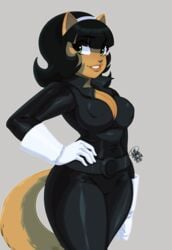 anthro belt big_breasts big_butt black_hair breasts brown_fur cleavage curvy enhanced_artstyle female female_focus female_only gray_background green_eyes jumpsuit kitty_katswell nickelodeon t.u.f.f._puppy tight_clothing tovio_rogers white_gloves