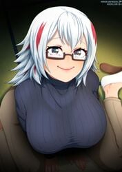 1girls alternate_version_available breasts female fuyumi_todoroki glasses looking_at_viewer my_hero_academia neocoill pov_eye_contact red_hair smile socks sweater two_tone_hair unknown_gender white_hair