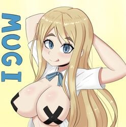 1girls big_breasts blonde_hair blue_eyes breasts character_name duke_wintermaul female female_focus female_only k-on! long_hair solo taped_nipples tongue tongue_out tsumugi_kotobuki_(k-on!) yellow_background young_savage