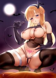 1girls 2021 absurdres animal areola_slip areolae bat black_gloves black_legwear blonde_hair blue_eyes blush breasts demon_horns demon_tail elbow_gloves etsunami_kumita eyebrows_visible_through_hair fake_horns female female female_focus female_only fletcher_(kantai_collection) gloves halloween halloween_costume highres horns kantai_collection large_breasts long_hair open_mouth pubic_tattoo side_bun signature solo solo_female tail tattoo thighhighs