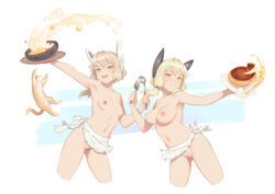 2girls antica_(bigrbear) apron bangs bigrbear blonde_hair blush breasts commentary_request cropped_legs eyebrows_visible_through_hair feline green_eyes holding holding_ladle ladle light_brown_hair long_hair looking_at_viewer medium_breasts multiple_girls navel nipples nude open_mouth original ostia_(bigrbear) pussy simple_background small_breasts uncensored waist_apron yellow_eyes