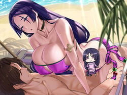 1boy armlet bangs bare_shoulders bikini blush breasts brown_hair censored cleavage collarbone cowgirl_position cowgirl_position eyepatch_bikini fate/grand_order fate_(series) female kirome_(kamipaper) large_breasts long_hair minamoto_no_raikou_(fate) minamoto_no_raikou_(swimsuit_lancer)_(fate) novelty_censor open_mouth parted_bangs purple_bikini purple_eyes purple_hair riyo_(lyomsnpmp)_(style) sex short_hair straddling straight swimsuit very_long_hair