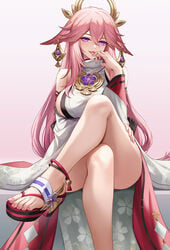 1girls absurdres bent_knees bent_legs blush breasts dress fangs feet female finger_to_mouth fox fox_ears fox_girl genshin_impact hair_between_eyes hair_ornament halo hand_on_leg hand_on_thigh highres huge_breasts kacyu knees_up large_breasts legs legs_crossed licking_fingers licking_hand long_hair looking_at_viewer open_mouth pink_hair purple_eyes sandals sideboob sitting solo teeth thick_thighs thighs toenail_polish toes tongue tongue_out yae_miko