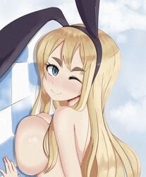 1girls against_wall bathroom big_breasts blonde_hair blush breasts bunny_ears duke_wintermaul female female_focus female_only k-on! large_breasts looking_at_viewer nude one_eye_closed solo tsumugi_kotobuki_(k-on!) wink winking young_savage