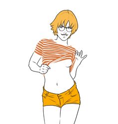 1girls flashing glasses nipples numitor shirt_lift short_hair short_shorts shorts simple_background smile white_background white_skin