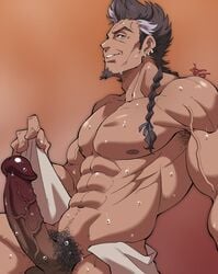 1boy 41raco abs armpit_hair bara braid dark-skinned_male dark_skin earrings erection facial_hair feet_out_of_frame from_side goatee granblue_fantasy highres huge_cock jewelry kirupi large_pectorals male male_focus male_only male_pubic_hair mature_male multicolored_hair multiple_earrings muscular muscular_male naked_towel navel navel_hair nipples nude pectorals penis presenting pubic_hair sauna seductive_smile short_hair sideburns single_braid smile solo steam stomach sweat thighs towel two-tone_hair uncensored veins veiny_penis wet wrinkled_skin yngwie