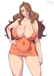 1girls breasts brown_hair dress female female_only green_eyes hair_over_one_eye hand_on_hip large_breasts light-skinned_female light_skin long_hair massive_breasts mature_female milf original original_character solo thick_thighs victoria_grand voluptuous wide_hips zheng