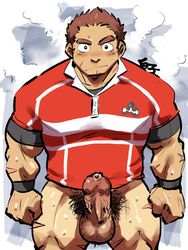 1boy 41raco bara blush bottomless brown_hair erection facial_hair goatee gunzo_(tokyo_afterschool_summoners) highres human human_only kirupi large_pectorals male male_focus male_only male_pubic_hair muscular muscular_male naked_shirt pectorals precum pubic_hair rugby_uniform scar scar_on_cheek scar_on_face shirt short_hair sideburns solo sportswear sweat thick_eyebrows thighs tokyo_afterschool_summoners uncensored