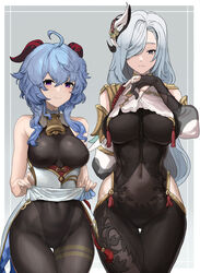 2girls abs absurd_res ass ass_visible_through_thighs bangs bell bell_collar belly_button big_breasts black_legwear blue_eyes blue_hair blush bodysuit breasts chroong_(artist) ganyu_(genshin_impact) genshin_impact grey_background hair_between_eyes hair_ornament hair_over_one_eye hi_res highres hips horn horns huge_breasts large_breasts long_hair looking_at_viewer midriff plain_background purple_eyes see-through see-through_clothing shenhe_(genshin_impact) shirt_lift shirt_pull shirt_up short_hair shoulders simple_background skirt_lift skirt_pull skirt_up thigh_gap thighs white_hair wide_hips