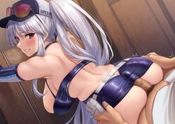 1boy absurdres ass ass_cleavage azur_lane back_cutout bare_shoulders bent_over blush breasts butt_crack buttjob buttjob_in_skirt buttjob_under_clothes clothes_lift clothing_cutout detached_sleeves dress elbow_gloves enterprise_(azur_lane) enterprise_(wind_catcher)_(azur_lane) erection eyewear_on_head female from_behind glasses gloves hanging_breasts hat highres large_breasts leaning_forward looking_back momo_no_sukebe penis penis_under_another's_clothes penis_under_skirt ponytail purple_eyes skin_tight skindentation skirt skirt_lift sleeveless sleeveless_dress small_penis solo_focus straight sunglasses_on_head thigh_grab thighs white_hair