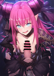 1boy areolae bangs bar_censor blue_eyes blush breasts censored corruption cum cum_in_pussy cum_pool cumdrip dark_persona disembodied_penis dragon_girl dragon_horns ear_blush elizabeth_bathory_(corroded) elizabeth_bathory_(fate) elizabeth_bathory_(fate/extra_ccc) eyebrows_visible_through_hair fangs fate/extella fate/extra fate/extra_ccc fate_(series) female hair_between_eyes horns ibuki_notsu kneeling long_hair looking_at_viewer naizuri navel nipples open_mouth paizuri penis pointy_ears precum red_hair revision sidelocks small_breasts solo_focus straight tongue torn_clothes