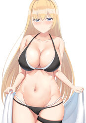 1girls 2019 azur_lane bare_shoulders bikini black_bikini black_legwear blonde_hair blue_eyes blush breasts cleavage closed_mouth collarbone commentary_request cowboy_shot eyebrows_visible_through_hair female female female_focus female_only groin hair_between_eyes hairband highres holding holding_towel kanata_(kanade_pa) large_breasts legs_together light_smile long_hair looking_at_viewer north_carolina_(azur_lane) raised_eyebrows shiny shiny_hair shiny_skin sidelocks simple_background skindentation solo solo_female swimsuit thigh_gap thigh_strap towel white_background white_bikini white_hairband