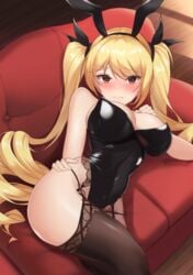 azur_lane big_breasts blonde_hair blush bunny_ears bunny_girl bunnysuit cleavage couch kai_yuzuki leotard long_hair looking_at_viewer lying lying_on_couch nelson_(azur_lane) playboy_bunny red_couch red_eyes stockings twintails