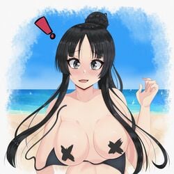 1girls beach bikini bikini_top black_bikini black_eyes black_hair breasts censored duke_wintermaul female female_focus female_only k-on! long_hair mio_akiyama_(k-on!) nipples surprised tied_hair wardrobe_malfunction young_savage