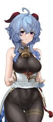 1girls absurd_res ahoge ass ass_visible_through_thighs bell bell_collar big_breasts black_legwear blue_hair blush bodysuit breasts chroong_(artist) ganyu_(genshin_impact) genshin_impact hair_between_eyes hi_res highres hips horn horns huge_breasts large_breasts looking_at_viewer plain_background purple_eyes short_hair shoulders simple_background skirt_lift skirt_pull skirt_up smile solo thick_thighs thigh_gap thighs white_background wide_hips