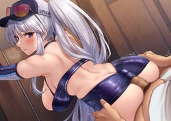 1boy absurdres ass ass_cleavage azur_lane back_cutout bare_shoulders bent_over blush breasts butt_crack buttjob buttjob_in_skirt buttjob_under_clothes censored clothes_lift clothing_cutout detached_sleeves dress elbow_gloves enterprise_(anniversary_ride)_(azur_lane) enterprise_(azur_lane) erection eyewear_on_head female from_behind glasses gloves hanging_breasts hat highres large_breasts leaning_forward looking_back momo_no_sukebe mosaic_censoring official_alternate_costume penis penis_under_another's_clothes penis_under_skirt ponytail purple_eyes skin_tight skindentation skirt skirt_lift sleeveless sleeveless_dress solo_focus straight sunglasses_on_head thigh_grab thighs white_hair