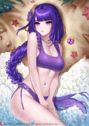 1girls abs absurdres bangs beach belly_button bikini bikini_bottom bikini_top blush braid braided_hair breasts cleavage detailed_background genshin_impact hair_ornament helloimtea highres huge_breasts large_breasts looking_at_viewer lying lying_down lying_on_back midriff mole mole_under_eye necklace ocean purple_eyes purple_hair raiden_shogun sand seaside side-tie_bikini solo swimsuit swimwear thick_thighs thighs water wet wet_body wet_skin