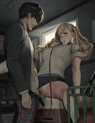 1boy akira_kurusu ann_takamaki breasts censored female glasses highres janggun joker_(persona) large_breasts leash mosaic_censoring penis persona persona_5 pubic_hair pussy ren_amamiya sex shuujin_academy_uniform sitting smile spread_legs straddling straight twintails upright_straddle vaginal_penetration window