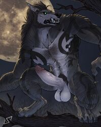 1boy 2021 abs anthro balls beard big_balls big_penis black_body black_fur black_nipples black_sclera canid canine claws digital_media_(artwork) digitigrade erection facial_hair fangs finger_claws foreskin full_moon fur genitals grey_body grey_fur hi_res huge_cock humanoid_genitalia humanoid_penis male male_only mammal moon muscular muscular_anthro muscular_male navel nipples nude outside paws pecs penis phinnherz pubes retracted_foreskin solo toe_claws vein veiny_penis were werecanid werecanine werewolf