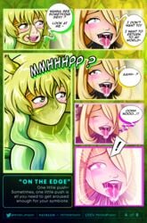 2girls blonde_hair comic comic_page corruption cynthia_(pokemon) dialogue encasement english_text fetish_studio fetishabyss fetishstudio green_hair kobayashi-san_chi_no_maidragon latex latex_bodysuit latex_suit liara_t'soni marvel miss_kobayashi's_dragon_maid multiple_girls nintendo page_4 pokemon pokemon_dppt pokemon_trainer quetzalcoatl_(dragon_maid) rubber rubber_clothing rubber_suit saliva speech_bubble symbiosis symbiote teasing text tongue_out yellow_hair yuri