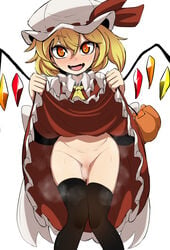 1futa blush bottomless clothed clothes_lift clothing dress dress_lift epic_armageddon female flaccid flandre_scarlet foreskin frills futa_only futanari highres human knees_together_feet_apart lifted_by_self light-skinned_futanari light_skin open_mouth partially_clothed penis short_hair skirt skirt_lift smile solo standing thighhighs touhou