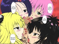 1boy 4girls alien_humanoid big_penis black_hair blonde_hair blowjob blue_eyes blue_hair blush brother_and_sister collaborative_fellatio devilukean devilukean_female dialogue fakku_(coloring) golden_darkness golden_eyes green_eyes group_sex harem incest konjiki_no_yami lala_satalin_deviluke licking_penis long_hair male_pov multiple_blowjob offscreen_character oral orgy partial_male penis pink_hair red_eyes sairenji_haruna saliva_drip sex shiawase_kanmiryou short_hair sister speech_bubble to_love-ru tongue_out yuki_tomoshi yuuki_mikan yuuki_rito