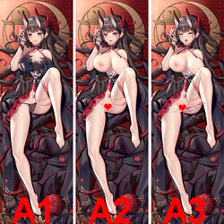 ahe_gao azur_lane bangs bare_legs bare_shoulders barefoot black_dress black_footwear black_hair black_panties blunt_bangs blush bottomless bouquet breasts breasts_out bukkake censored circlet cleavage collar commentary criss-cross_halter cum cum_on_body cum_on_breasts cum_on_hair dakimakura_(medium) detached_collar dress earrings eyebrows_visible_through_hair facial feather_hair_ornament feathers female frilled_collar frills from_above full_body hair_ornament halterneck hand_in_hair heart heart_censor high_heels horns jewelry knee_up large_breasts legs long_hair looking_at_viewer lying multiple_views nipples no_panties noshiro_(a_tale_of_two_lovers)_(azur_lane) noshiro_(azur_lane) official_alternate_costume on_back oni_horns open_mouth panties parted_lips partially_undressed petals purple_eyes qi_yuan_zhi_yu red_ribbon ribbon rolling_eyes sample shoes shoes_removed sleeveless sleeveless_dress smile sperm_cell thighs tongue tongue_out underwear