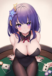 1girls absurdres bangs black_legwear blush breasts cards cleavage crossed_legs detailed_background genshin_impact hair_ornament highres huge_breasts icwine large_breasts leggings legs legs_crossed leotard looking_at_viewer necktie pantyhose poker poker_chip poker_table purple_eyes purple_hair raiden_shogun shoulders sitting sitting_down sitting_on_desk smile solo thick_thighs thigh_gap thighs