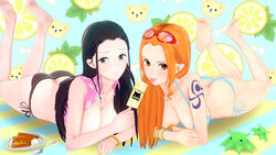 3d big_breasts catburglaraerin eyewear_on_head female female_only koikatsu nami nami_(one_piece) nico_robin one_piece popsicle post-timeskip sunglasses_on_head wallpaper