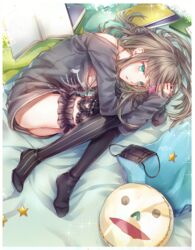 1boy ass asymmetrical_legwear bangs bed bed_sheet black_mask blunt_bangs brown_hair cellphone dr. femboy gretel_(sinoalice) holding holding_phone legband long_penis lying male_focus mask mouth_mask on_side phone pillow pink_phone shirt sidelocks sinoalice solo star_(symbol) surgical_mask t-shirt thighhighs trap uneven_legwear zettai_ryouiki