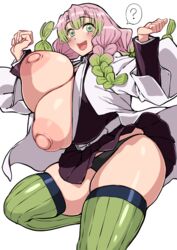 bangs big_breasts big_nipples black_panties bouncing_breasts braided_hair breasts breasts_out clothing demon_slayer enormous_breasts female female_only green_eyes haori huge_areolae huge_breasts huge_nipples kanroji_mitsuri kimetsu_no_yaiba komusou_(jinrikisha) large_areolae long_hair massive_breasts mole_under_eye no_bra open_mouth open_shirt panties pink_hair pleated_skirt plump smile solo thick_thighs thighhighs thunder_thighs two_tone_hair uniform upskirt wide_hips zettai_ryouiki