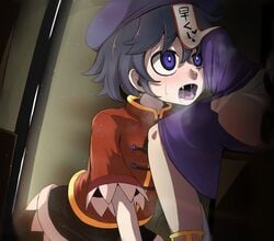 1girls all_fours blush bulge clothed clothing drooling epic_armageddon female female_focus fully_clothed hat jiangshi open_mouth penis_awe short_hair skirt solo_focus touhou toyosatomimi_no_miko yoshika_miyako