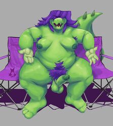 anthro balls belly big_balls big_belly big_breasts big_tail breasts claws crocodilian deep_navel epitaphkho_(artist) erection folding_chair front_view futanari genitals green_body green_scales green_spines gynomorph hair hair_over_eyes humanoid_genitalia humanoid_penis intersex looking_at_viewer love_handles mercedes_(epitaphkho) navel nipples non-mammal_breasts non-mammal_nipples nude obese obese_anthro obese_gynomorph obese_intersex obscured_eyes open_mouth overweight overweight_anthro overweight_gynomorph overweight_intersex penis presenting presenting_penis pubes purple_hair purple_pubes reptile scales scalie sharp_teeth simple_background sitting solo spread_legs spreading tail_spines teeth thick_tail thick_thighs vein veiny_penis wide_hips