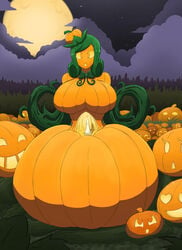 elena_(kobi) female halloween jack-o'-lantern kobi-tfs large_ass large_breasts plant_girl plant_transformation post_transformation pumpkin pumpkin_girl queen royalty transformation wide_hips