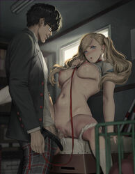 1boy akira_kurusu ann_takamaki breasts censored clothes_lift female glasses highres janggun joker_(persona) large_breasts leash mosaic_censoring nipples penis persona persona_5 pubic_hair pussy ren_amamiya sex shirt_lift shuujin_academy_uniform sitting smile spread_legs straddling straight twintails upright_straddle vaginal_penetration window