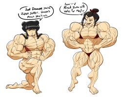 avatar_the_last_airbender azula bangs bikini black_hair dialogue extreme_muscles flat_chest flexing grin guitartist03 hair_bun hair_pulled_back huge_muscles hyper hyper_muscles mai_(avatar) micro_bikini muscular muscular_female pecs smug swimsuit talking