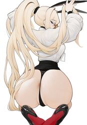 animal_ears anus_peek ass blonde_hair breasts bunny_ears eyebrows_visible_through_hair female glasses high_heels kneeling large_breasts long_hair long_sleeves looking_at_viewer looking_back original panties ponytail rabbit_(wlsdnjs950) rabbit_ears rabii simple_background sitting skirt solo underwear very_long_hair white_background