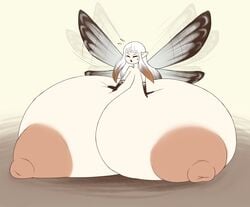 airy areolae bravely_default bravely_default_(series) breast_expansion exposed_breasts fairy fairy_wings gigantic_breasts gloves high_resolution hyper hyper_breasts immobile long_hair metachoke nude pointy_ears simple_background simple_shading struggling too_big_to_move white_hair white_skin