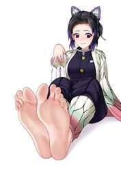 barefoot black_hair butterfly_hair_ornament demon_slayer feet female female_only foot_fetish foot_focus fully_clothed haori kimetsu_no_yaiba kochou_shinobu oirin purple_eyes sitting smile socks_removed soles solo tabi toes two_tone_hair uniform