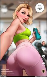 1girls aroma_sensei ass big_ass blonde_hair blue_eyes clothed eyebrow_piercing female female_only gwen_stacy gym_clothes looking_at_viewer marvel smile social_media solo speech_bubble spider-gwen spider-man:_into_the_spider-verse spider-man_(series) text tight_clothing tiktok tiktok_overlay