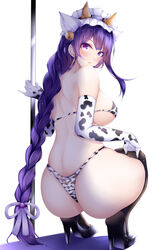 1girls absurdres ass back back_view backboob bangs bell big_ass black_legwear blush braid braided_hair breasts cow_bikini cow_ears cow_girl cow_horns cow_print cow_print_gloves cowbell crouching genshin_impact hand_on_pole hand_on_thigh hat heels high_heels highres horn horns huge_ass huge_breasts huge_butt large_ass large_breasts long_hair looking_at_viewer looking_back micro_bikini nipple_bulge plain_background pole purple_eyes purple_hair raiden_shogun shoulders sideboob simple_background socks solo squatting thick_ass thick_thighs thighhighs thighs thong thong_bikini white_background