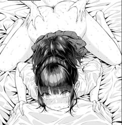 1boy all_fours ass ass_grab bangs barefoot black_hair blunt_bangs blush bottomless clothes_lift crying crying_with_eyes_open doggy_style feet female greyscale monochrome original pleated_skirt pubic_hair school_uniform sex sheet_grab shio6manga skirt skirt_lift straight sweat tears