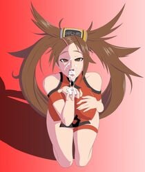 1girls after_fellatio artist_name breasts brown_eyes brown_hair chinese_clothes covered_nipples cum cum_drip cum_in_pussy cum_on_face erect_nipples female gradient_background guilty_gear hairclip hand_on_breast hazard_sys kuradoberi_jam large_breasts long_hair on_knees open_mouth simple_background sitting skin_tight tongue twintails